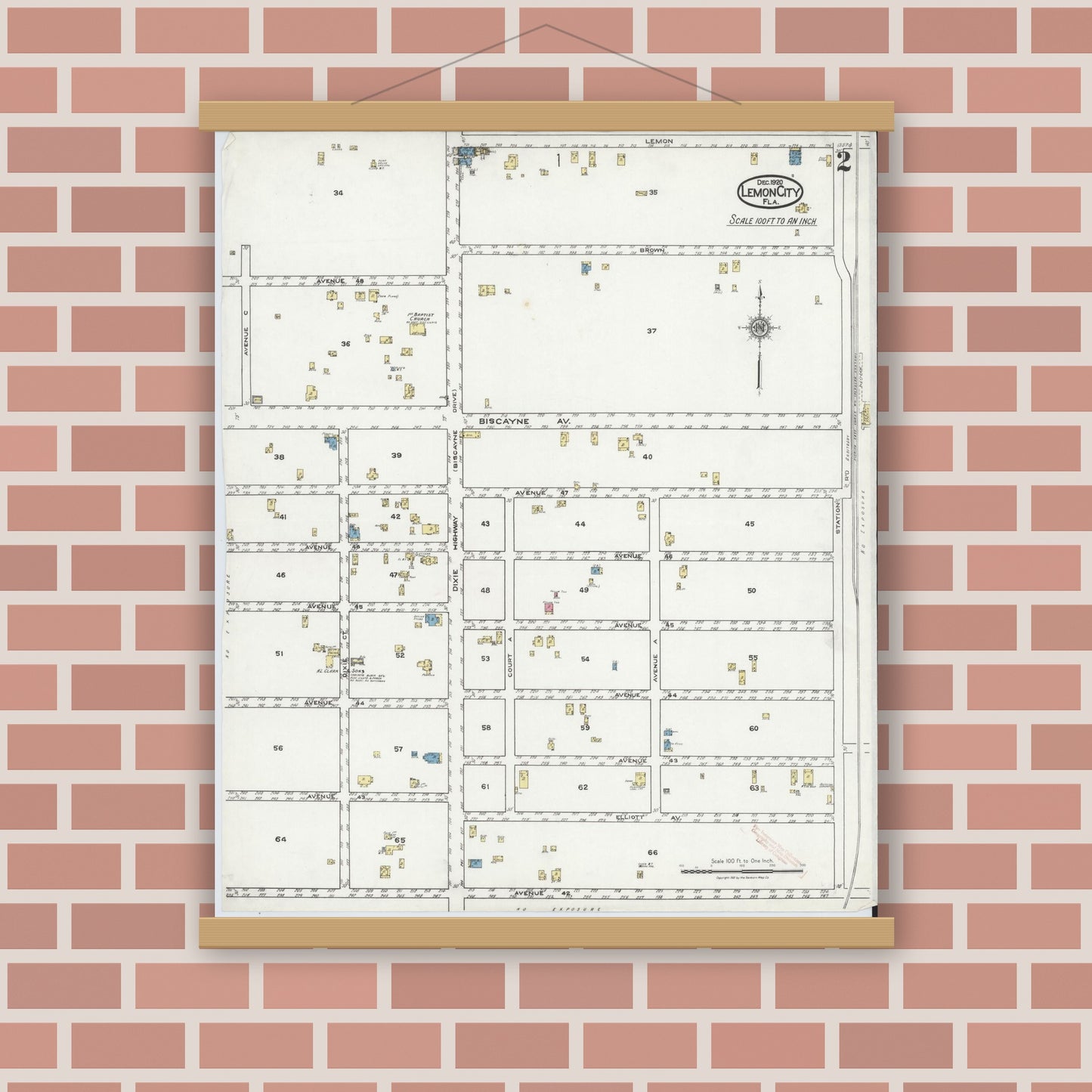 Old map wall art mockup — magnetic wood frame on brick wall — Sanborn Fire Insurance Map from Lemon City, Dade County, Florida (1920), Sheet #0002