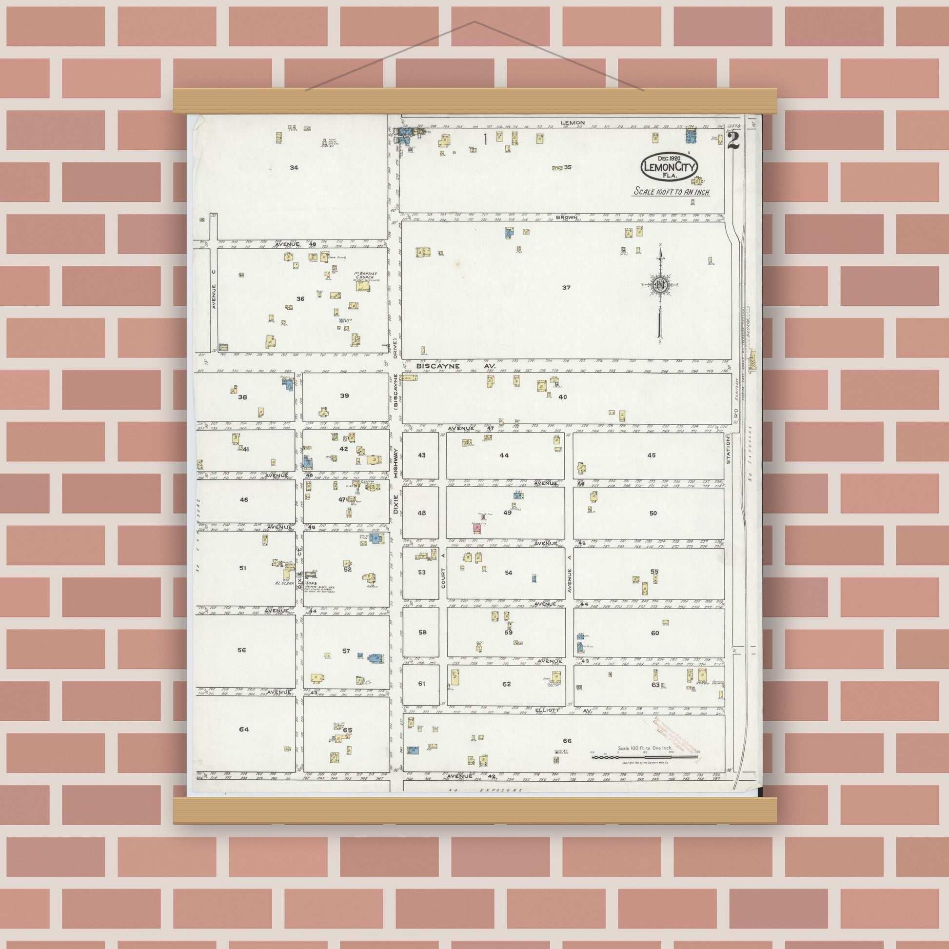 Old map wall art mockup — magnetic wood frame on brick wall — Sanborn Fire Insurance Map from Lemon City, Dade County, Florida (1920), Sheet #0002
