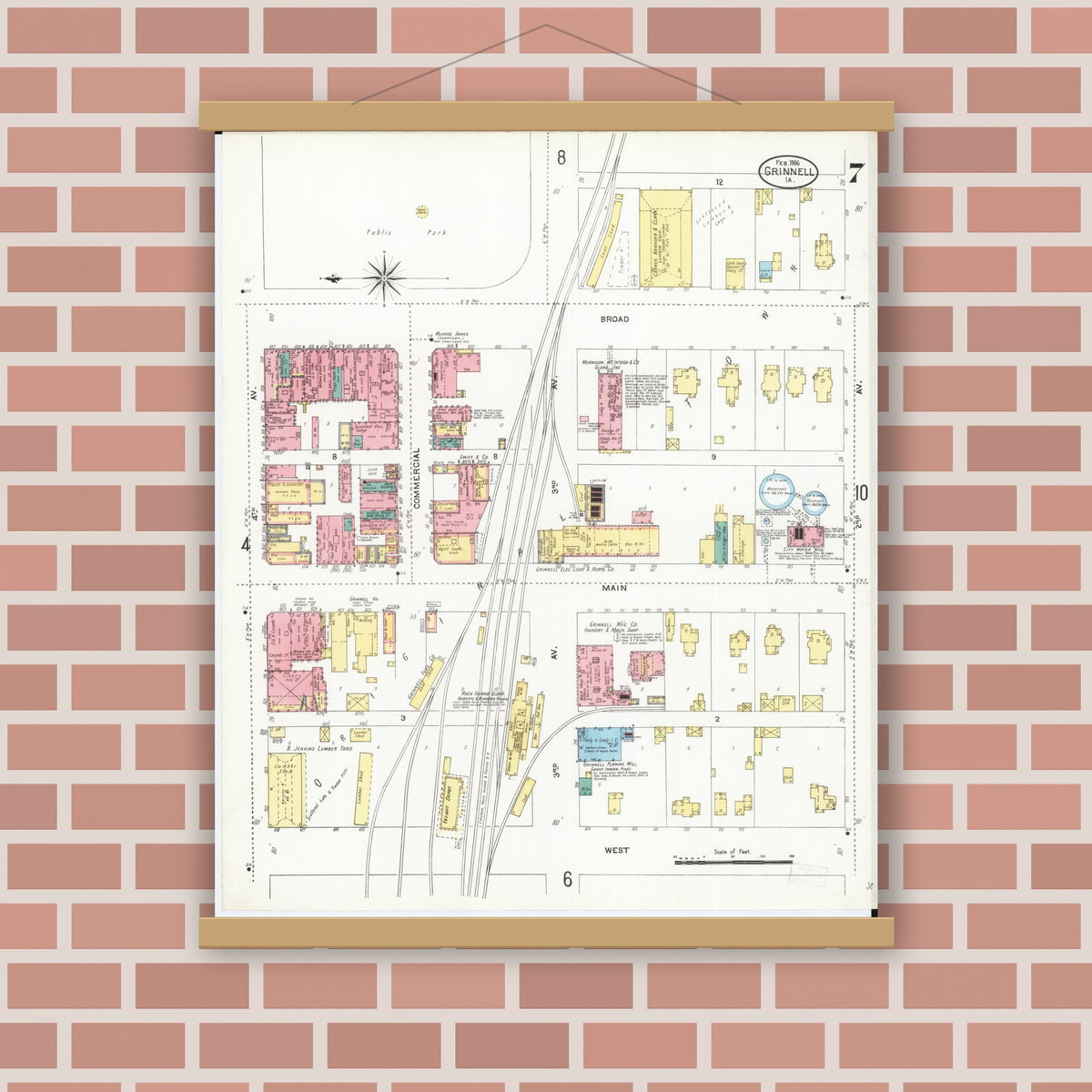 Old map wall art mockup — magnetic wood frame on brick wall — Sanborn Fire Insurance Map from Grinnell, Poweshiek County, Iowa (1906), Sheet #0007