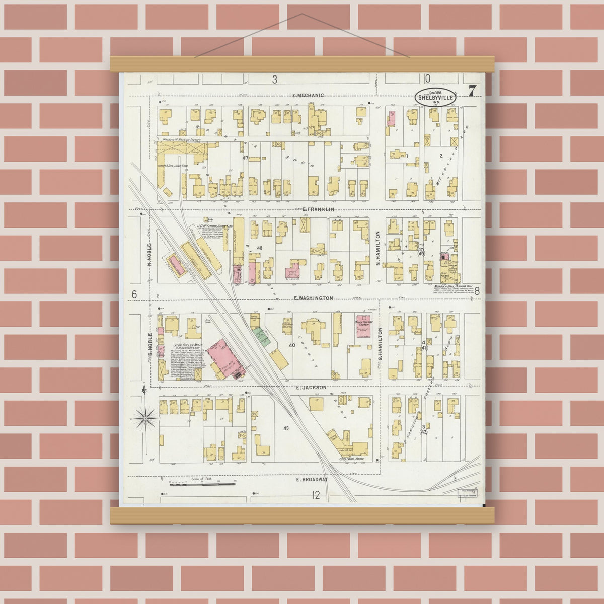 Old map wall art mockup — magnetic wood frame on brick wall — Sanborn Fire Insurance Map from Shelbyville, Shelby County, Indiana (1898), Sheet #0007