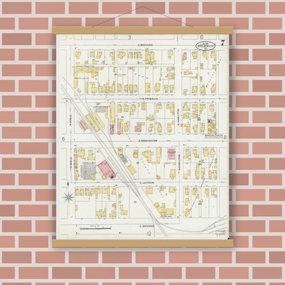 Old map wall art mockup — magnetic wood frame on brick wall — Sanborn Fire Insurance Map from Shelbyville, Shelby County, Indiana (1898), Sheet #0007