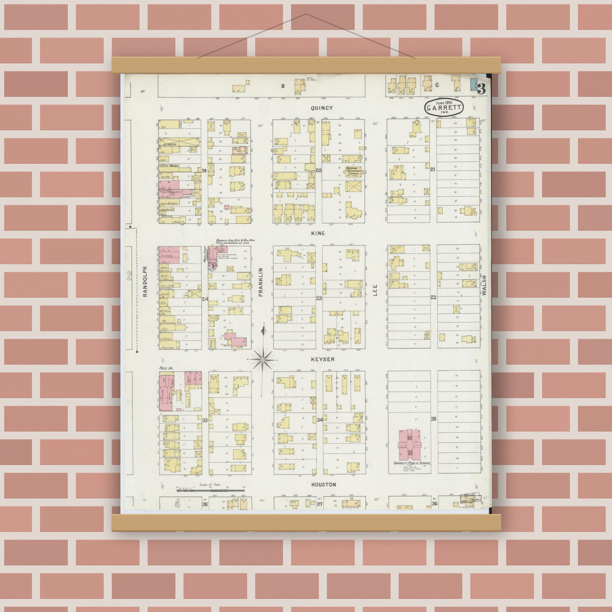 Old map wall art mockup — magnetic wood frame on brick wall — Sanborn Fire Insurance Map from Garrett, De Kalb County, Indiana (1895), Sheet #0003