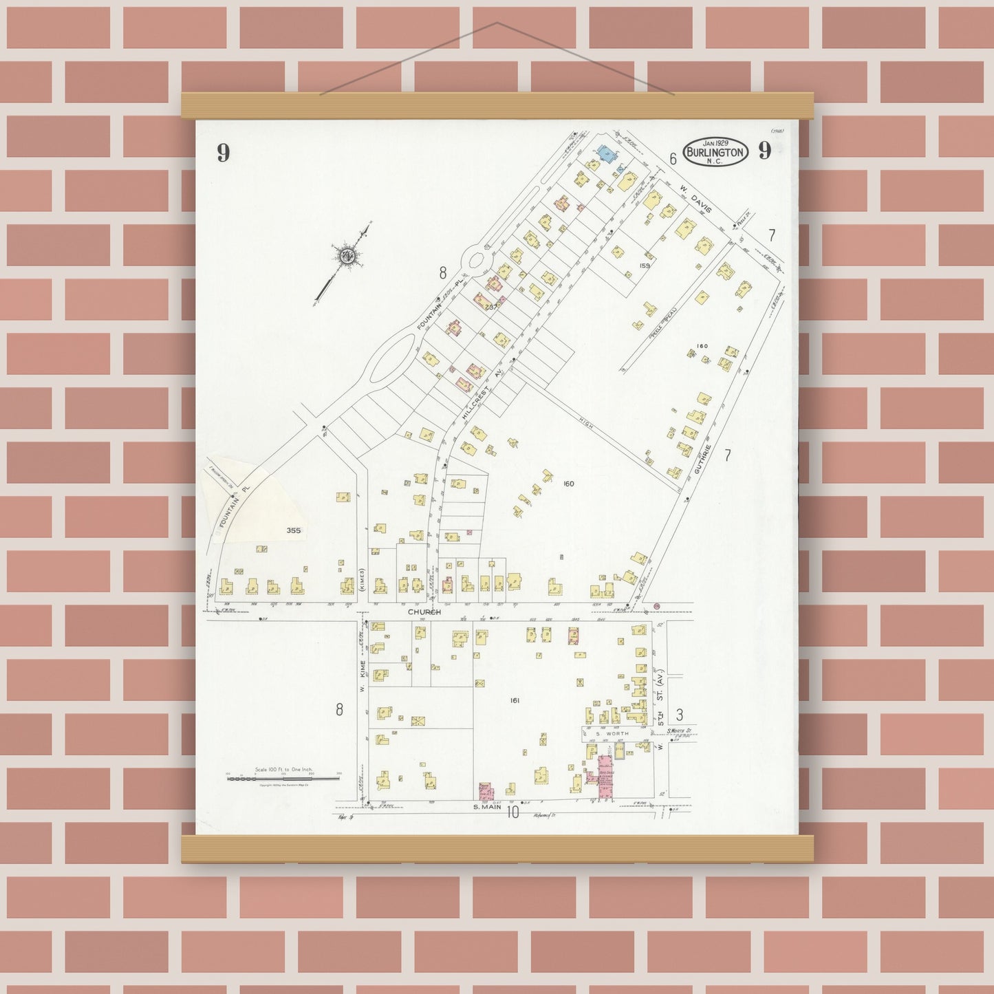 Old map wall art mockup — magnetic wood frame on brick wall — Sanborn Fire Insurance Map from Burlington, Alamance County, North Carolina (1929), Sheet #0009