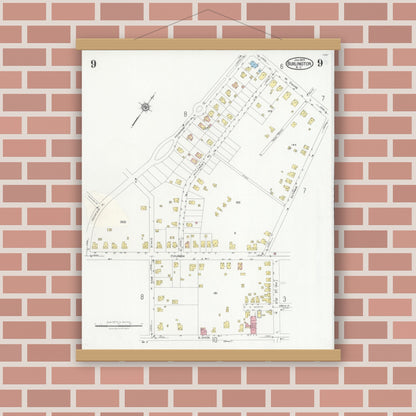Old map wall art mockup — magnetic wood frame on brick wall — Sanborn Fire Insurance Map from Burlington, Alamance County, North Carolina (1929), Sheet #0009