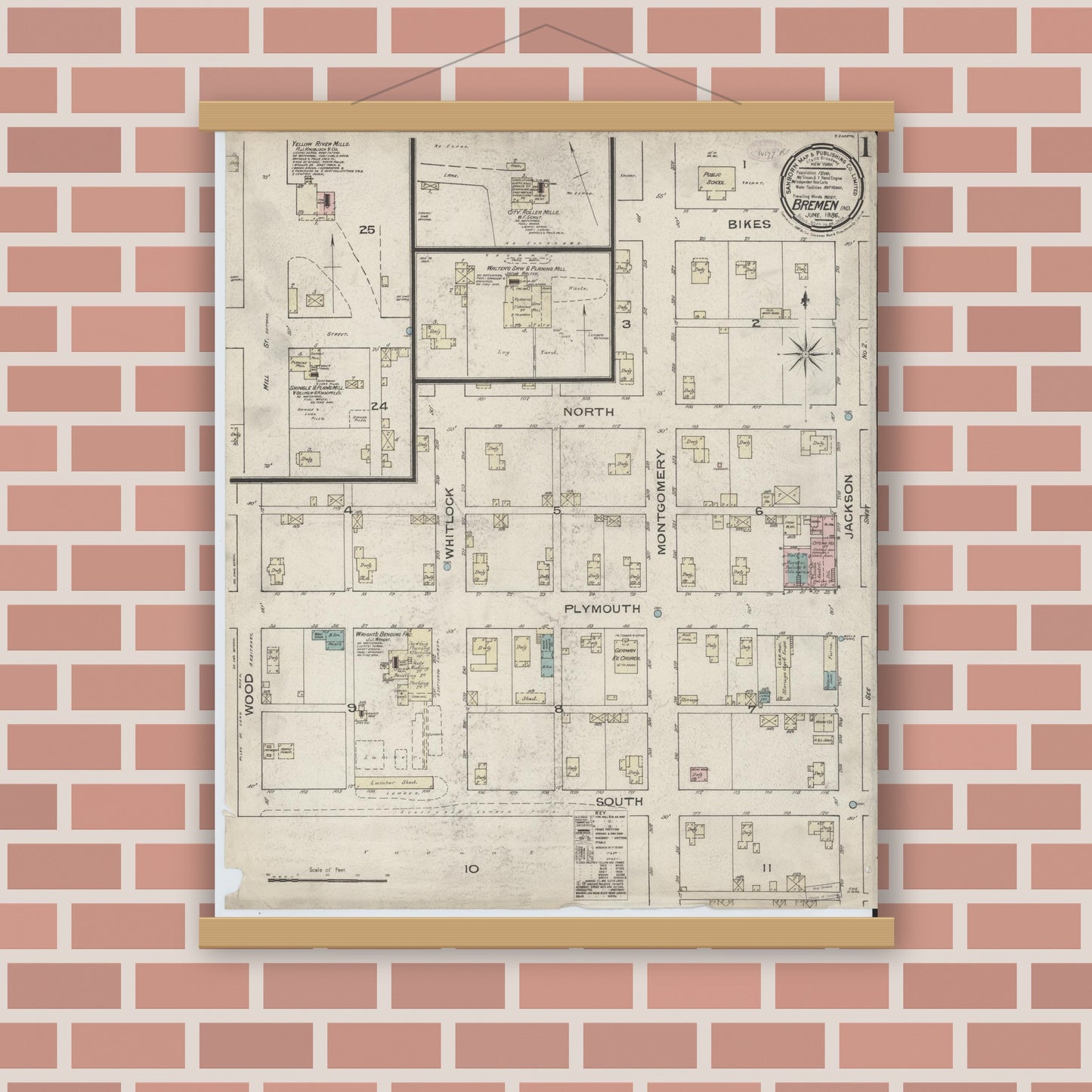 Old map wall art mockup — magnetic wood frame on brick wall — Sanborn Fire Insurance Map from Bremen, Marshall County, Indiana (1886) - Complete Map Set