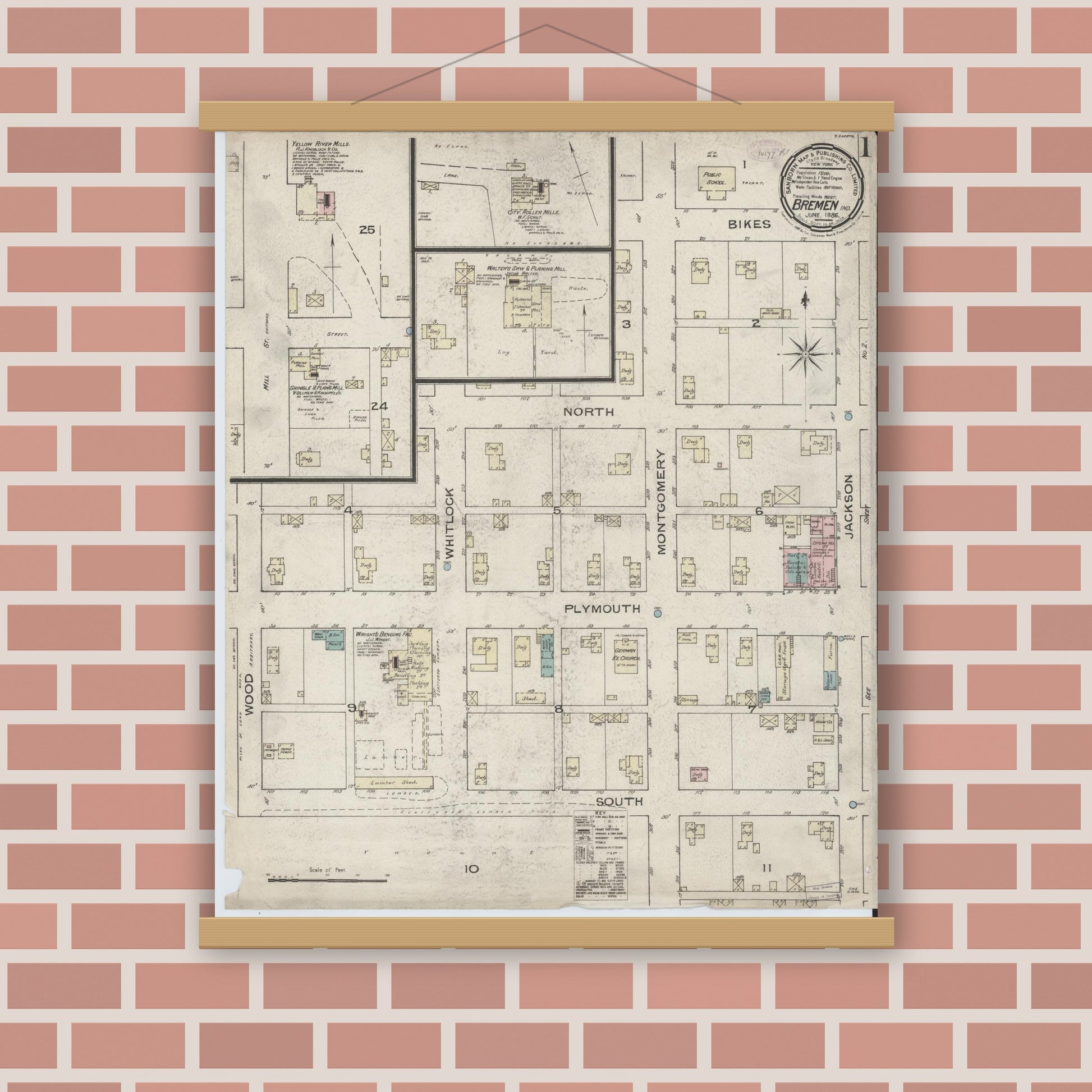Old map wall art mockup — magnetic wood frame on brick wall — Sanborn Fire Insurance Map from Bremen, Marshall County, Indiana (1886) - Complete Map Set