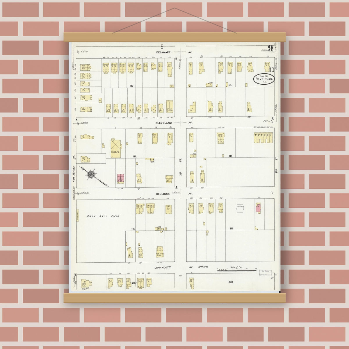 Old map wall art mockup — magnetic wood frame on brick wall — Sanborn Fire Insurance Map from Riverside, Burlington County, New Jersey (1911), Sheet #0009