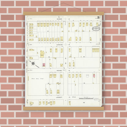 Old map wall art mockup — magnetic wood frame on brick wall — Sanborn Fire Insurance Map from Riverside, Burlington County, New Jersey (1911), Sheet #0009