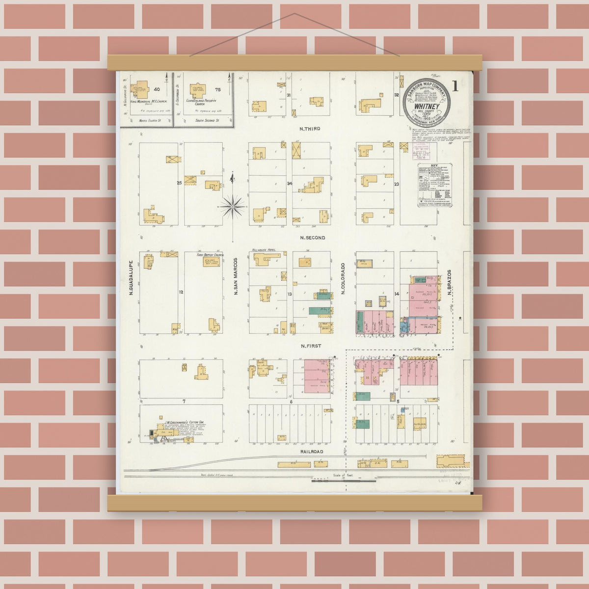 Old map wall art mockup — magnetic wood frame on brick wall — Sanborn Fire Insurance Map from Whitney, Hill County, Texas (1905) - Complete Map Set