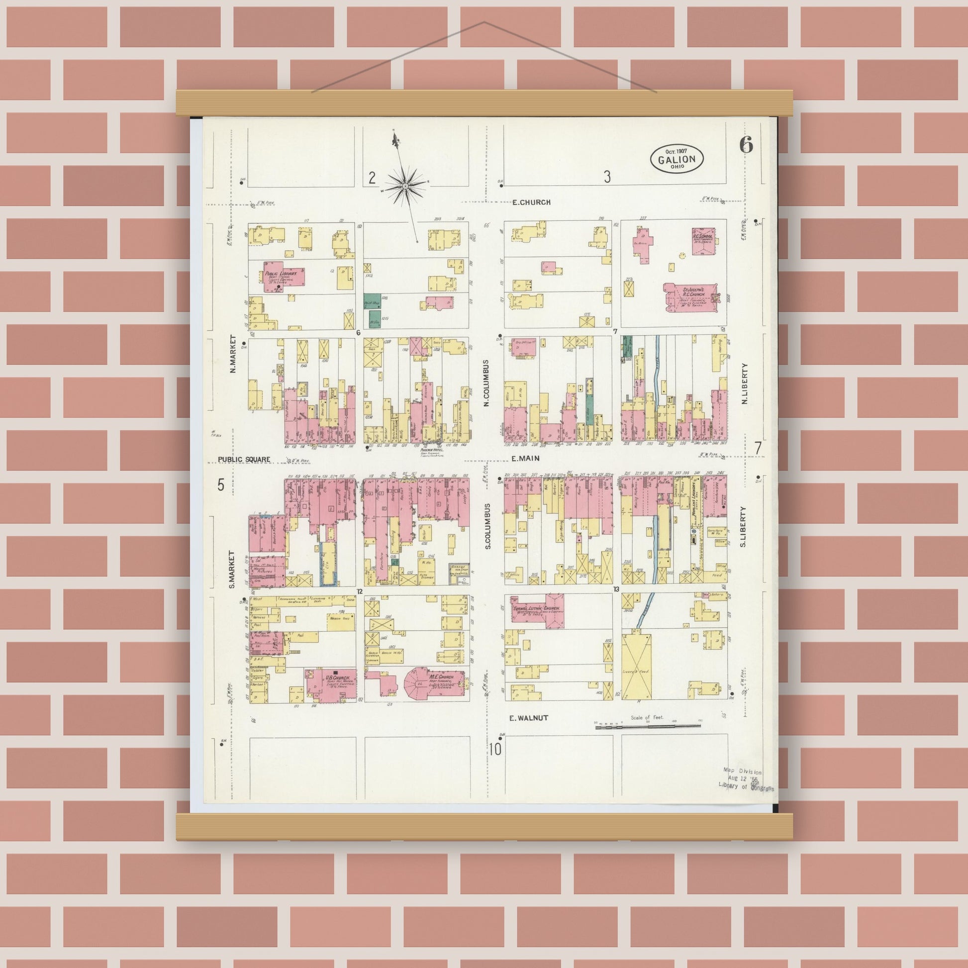 Old map wall art mockup — magnetic wood frame on brick wall — Sanborn Fire Insurance Map from Galion, Crawford County, Ohio (1907), Sheet #0006