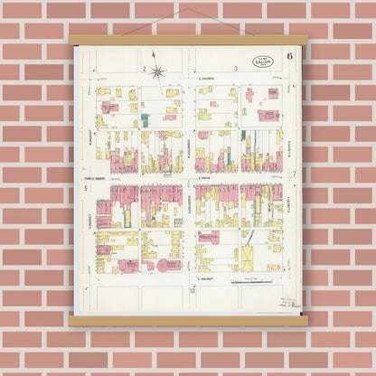 Old map wall art mockup — magnetic wood frame on brick wall — Sanborn Fire Insurance Map from Galion, Crawford County, Ohio (1907), Sheet #0006
