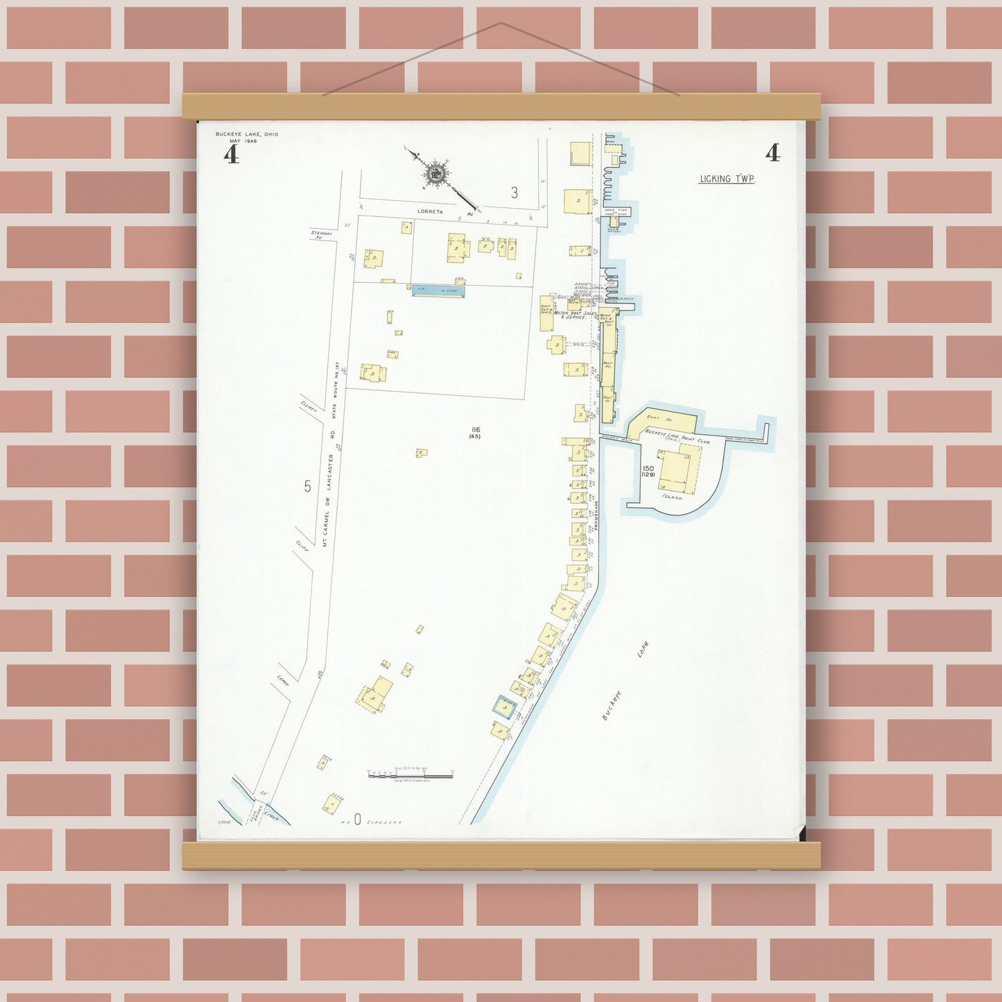 Old map wall art mockup — magnetic wood frame on brick wall — Sanborn Fire Insurance Map from Buckeye Lake, Licking County, Ohio (1946), Sheet #0004