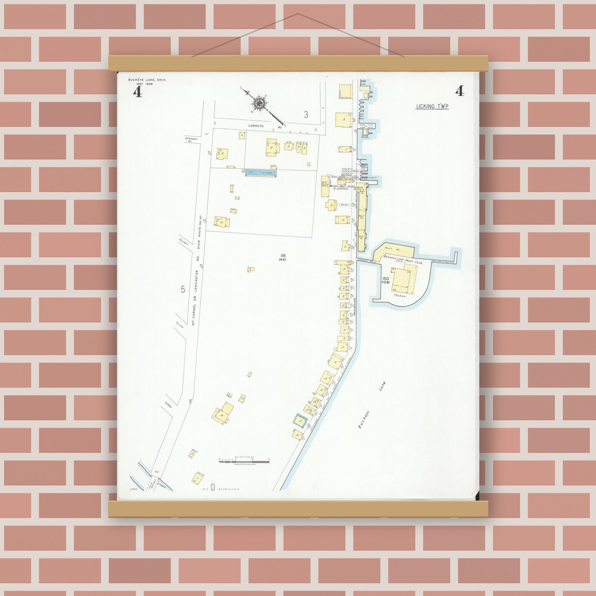 Old map wall art mockup — magnetic wood frame on brick wall — Sanborn Fire Insurance Map from Buckeye Lake, Licking County, Ohio (1946), Sheet #0004