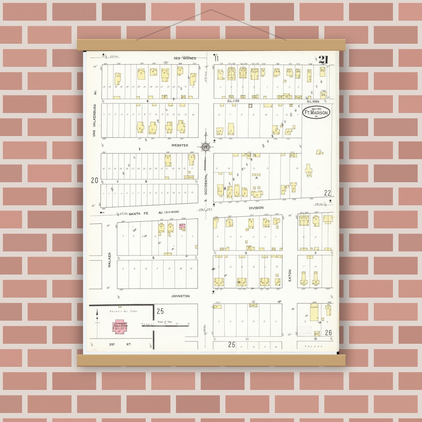 Old map wall art mockup — magnetic wood frame on brick wall — Sanborn Fire Insurance Map from Fort Madison, Lee County, Iowa (1913), Sheet #0021