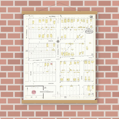 Old map wall art mockup — magnetic wood frame on brick wall — Sanborn Fire Insurance Map from Fort Madison, Lee County, Iowa (1913), Sheet #0021