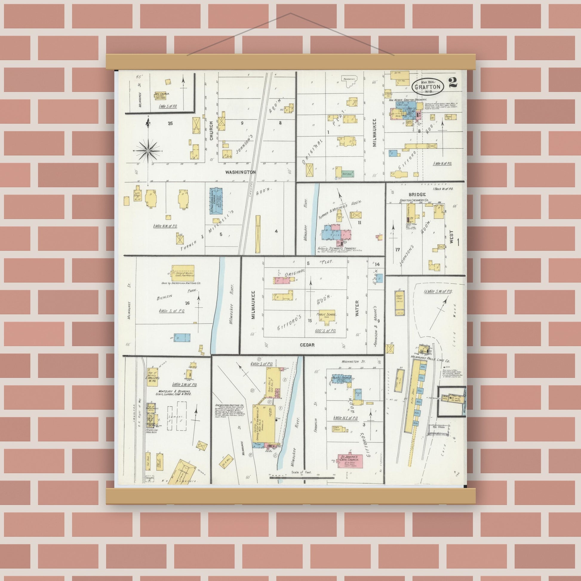 Old map wall art mockup — magnetic wood frame on brick wall — Sanborn Fire Insurance Map from Grafton, Ozankee County, Wisconsin (1904), Sheet #0002