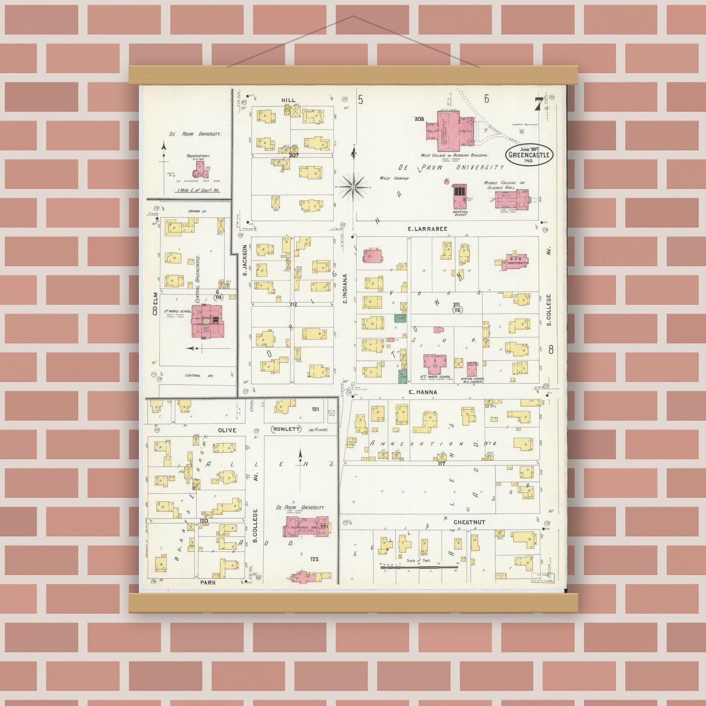 Old map wall art mockup — magnetic wood frame on brick wall — Sanborn Fire Insurance Map from Greencastle, Putnam County, Indiana (1907), Sheet #0007
