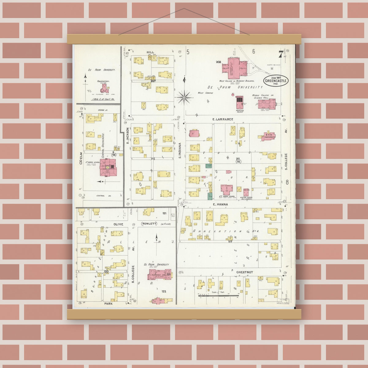 Old map wall art mockup — magnetic wood frame on brick wall — Sanborn Fire Insurance Map from Greencastle, Putnam County, Indiana (1907), Sheet #0007