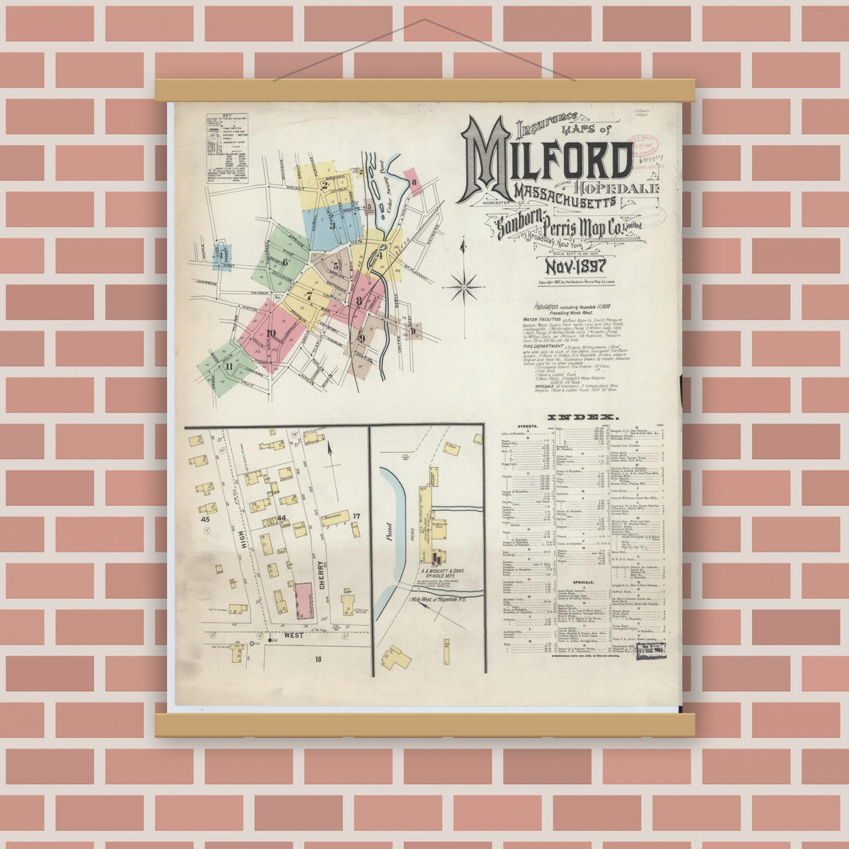 Old map wall art mockup — magnetic wood frame on brick wall — Sanborn Fire Insurance Map from Milford, Worcester County, Massachusetts (1897), Sheet #0001