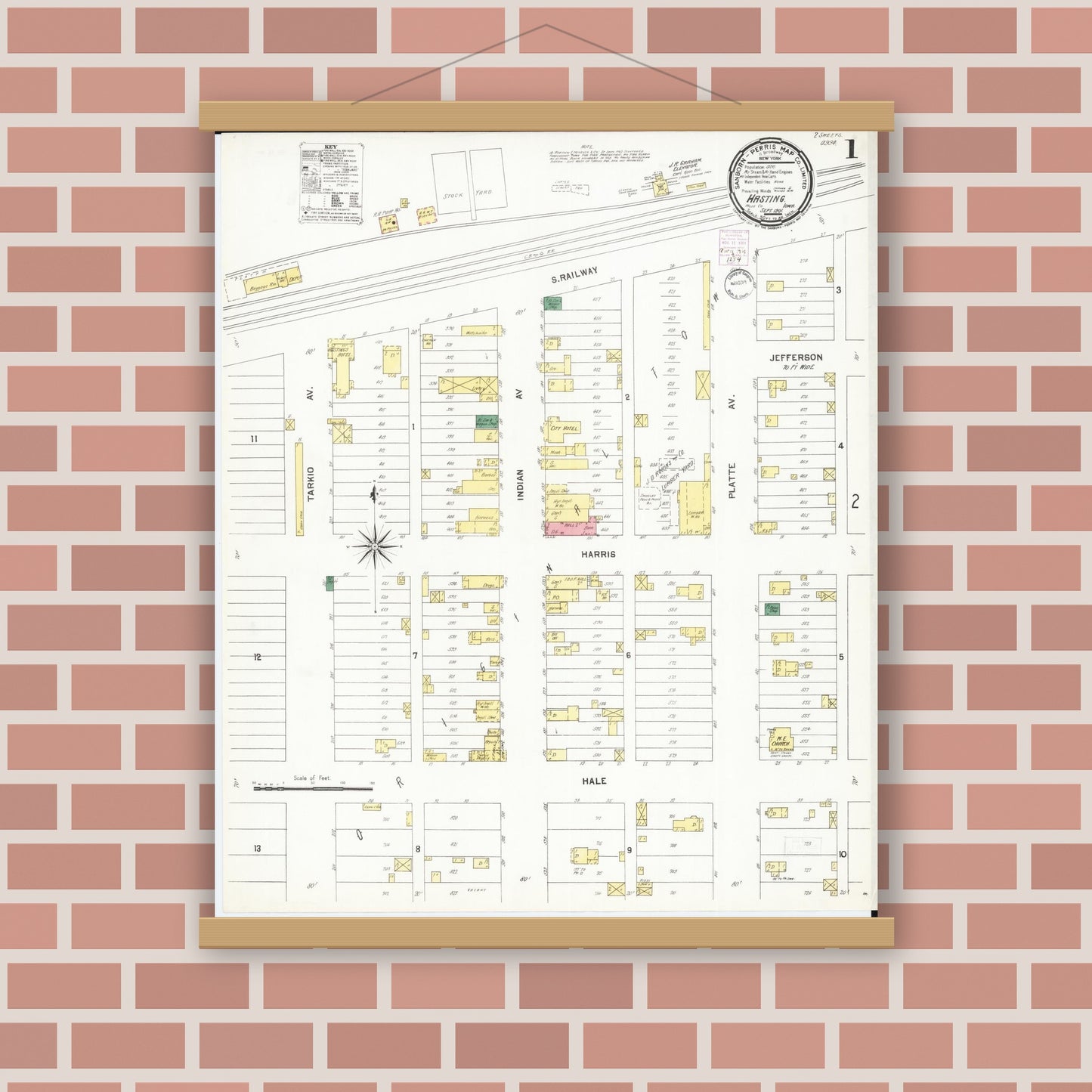 Old map wall art mockup — magnetic wood frame on brick wall — Sanborn Fire Insurance Map from Hastings, Mills County, Iowa (1901) â€” Complete Set