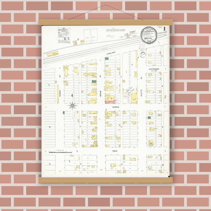 Old map wall art mockup — magnetic wood frame on brick wall — Sanborn Fire Insurance Map from Hastings, Mills County, Iowa (1901) â€” Complete Set
