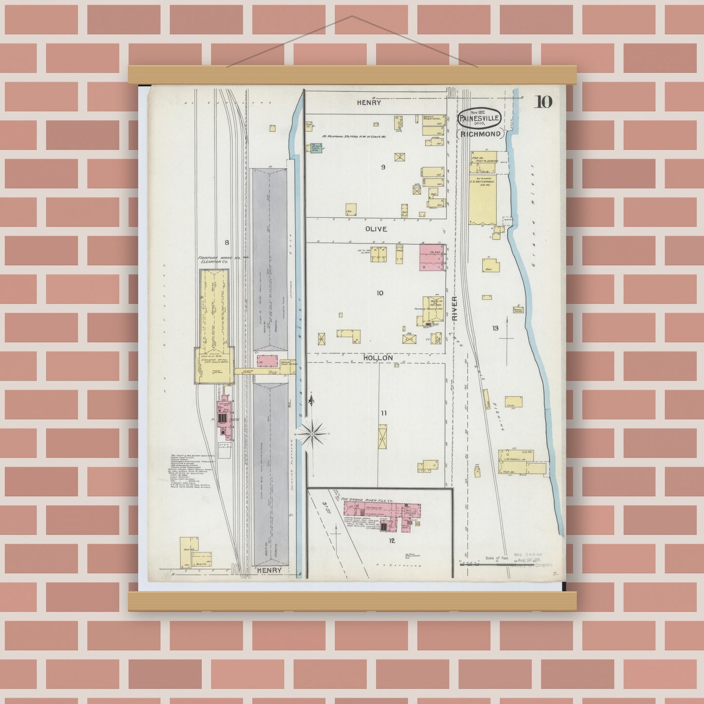 Old map wall art mockup — magnetic wood frame on brick wall — Sanborn Fire Insurance Map from Painesville, Lake County, Ohio (1892), Sheet #0010