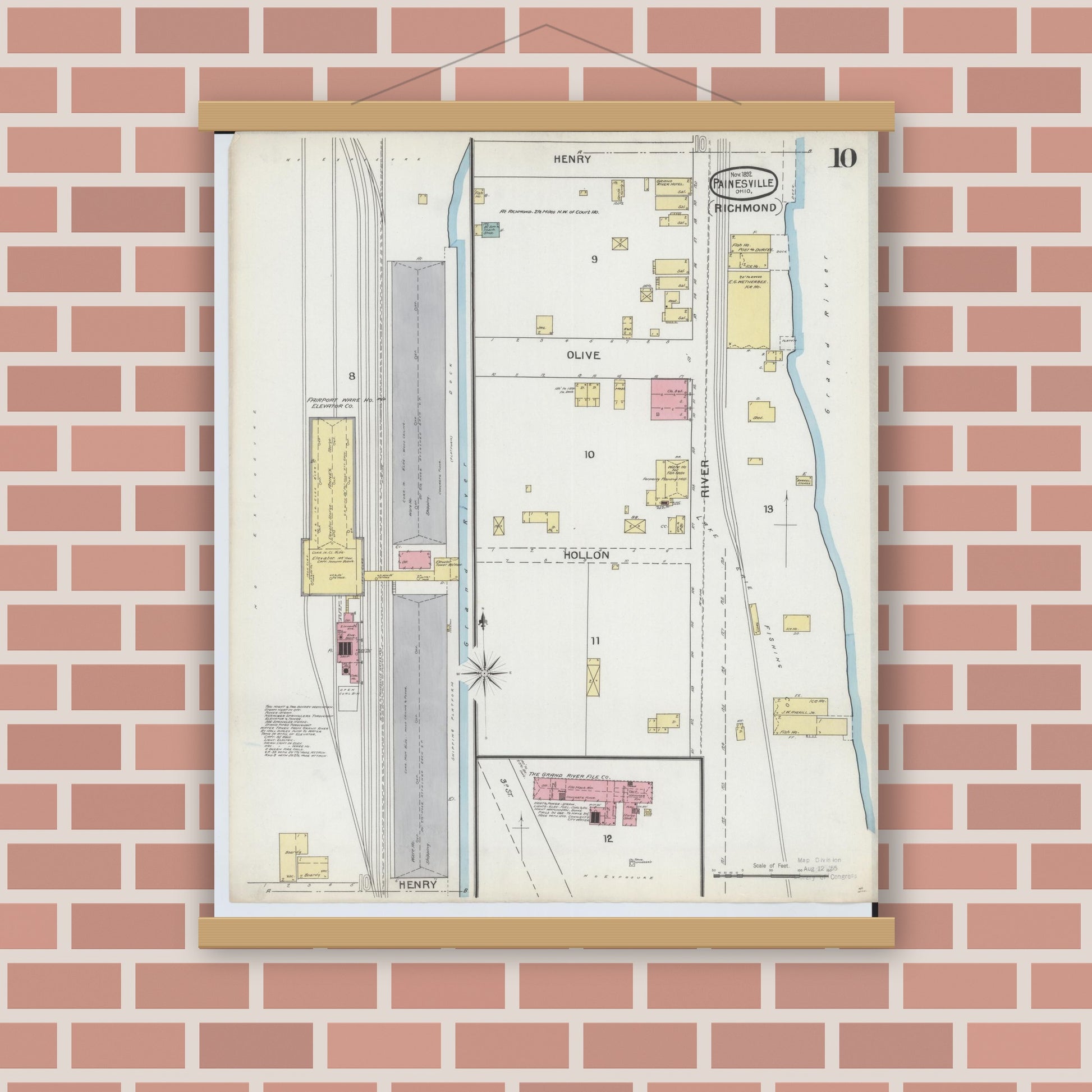 Old map wall art mockup — magnetic wood frame on brick wall — Sanborn Fire Insurance Map from Painesville, Lake County, Ohio (1892), Sheet #0010