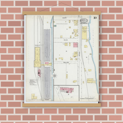 Old map wall art mockup — magnetic wood frame on brick wall — Sanborn Fire Insurance Map from Painesville, Lake County, Ohio (1892), Sheet #0010