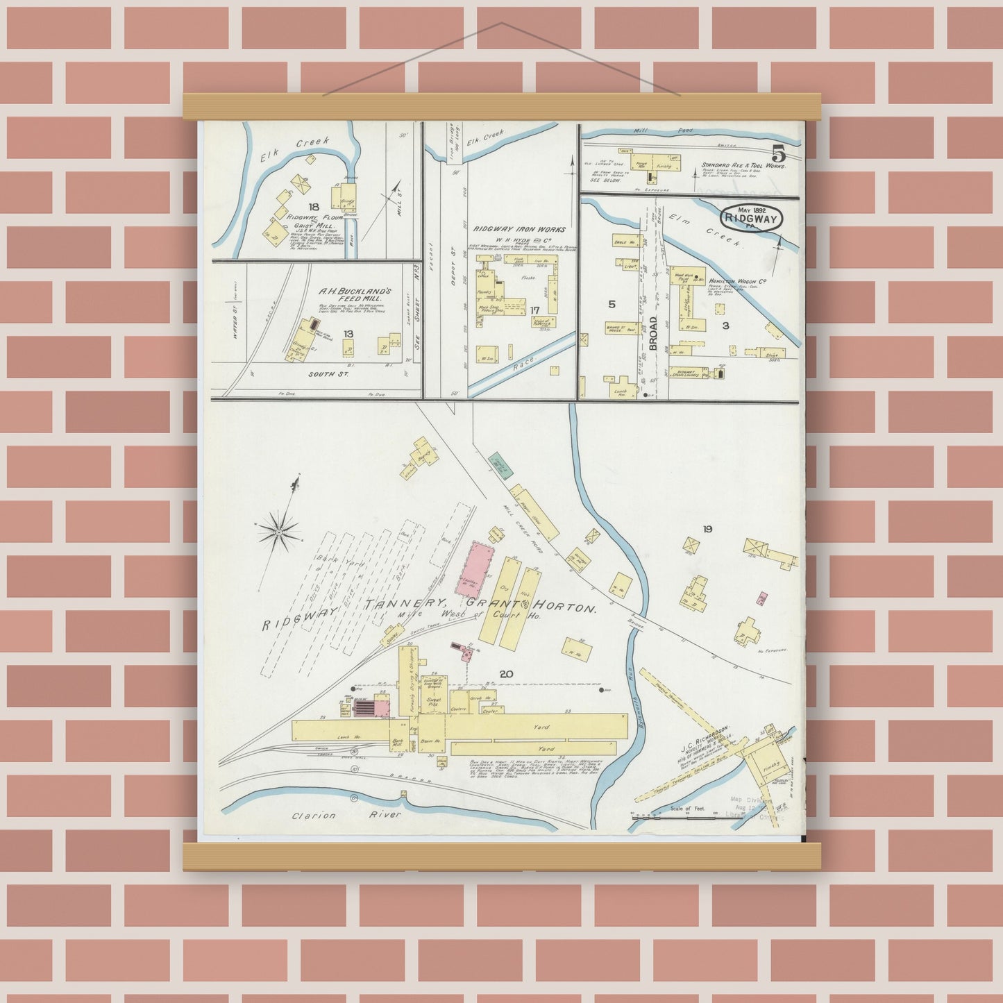 Old map wall art mockup — magnetic wood frame on brick wall — Sanborn Fire Insurance Map from Ridgway, Elk County, Pennsylvania (1892), Sheet #0005
