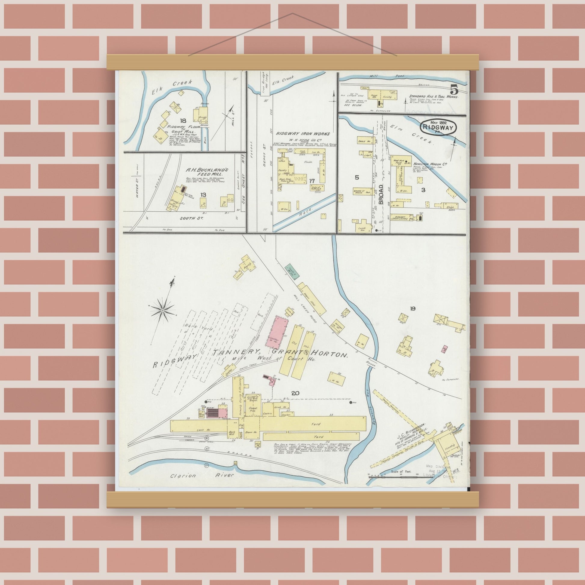 Old map wall art mockup — magnetic wood frame on brick wall — Sanborn Fire Insurance Map from Ridgway, Elk County, Pennsylvania (1892), Sheet #0005