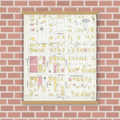 Old map wall art mockup — magnetic wood frame on brick wall — Sanborn Fire Insurance Map from Hartford City, Blackford County, Indiana (1901), Sheet #0003