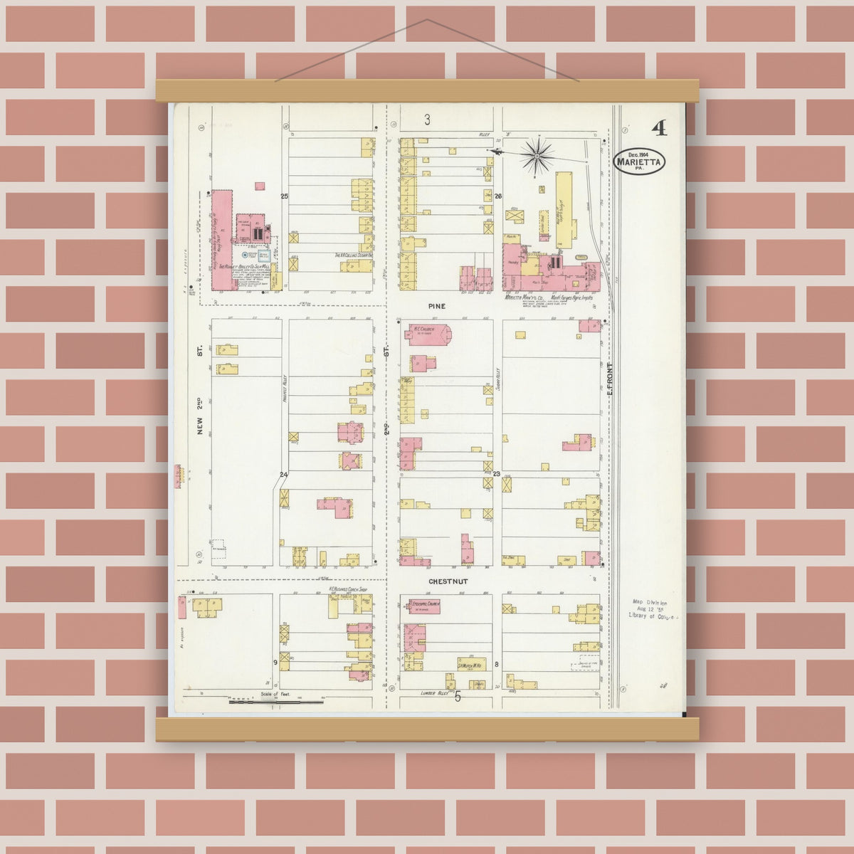 Old map wall art mockup — magnetic wood frame on brick wall — Sanborn Fire Insurance Map from Marietta, Lancaster County, Pennsylvania (1904), Sheet #0004