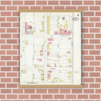 Old map wall art mockup — magnetic wood frame on brick wall — Sanborn Fire Insurance Map from Marietta, Lancaster County, Pennsylvania (1904), Sheet #0004