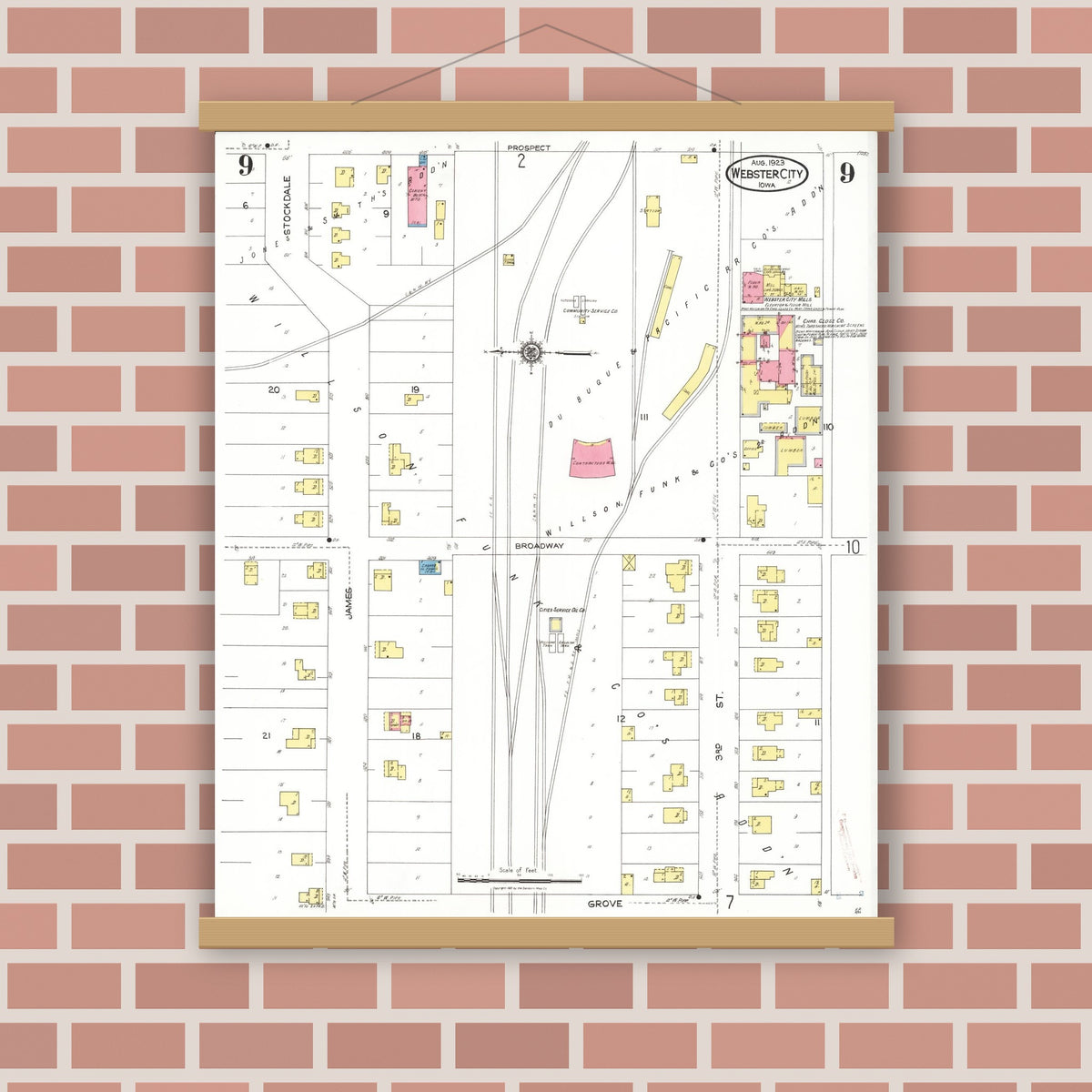 Old map wall art mockup — magnetic wood frame on brick wall — Sanborn Fire Insurance Map from Webster City, Hamilton County, Iowa (1923), Sheet #0009