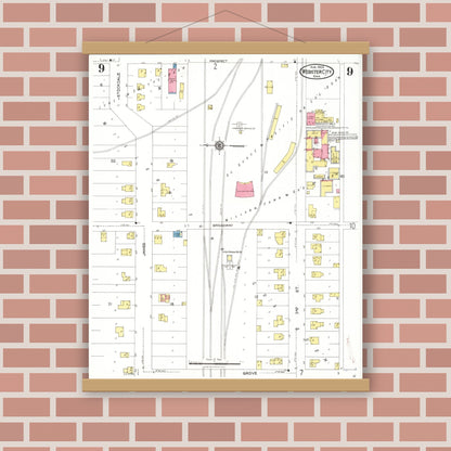 Old map wall art mockup — magnetic wood frame on brick wall — Sanborn Fire Insurance Map from Webster City, Hamilton County, Iowa (1923), Sheet #0009