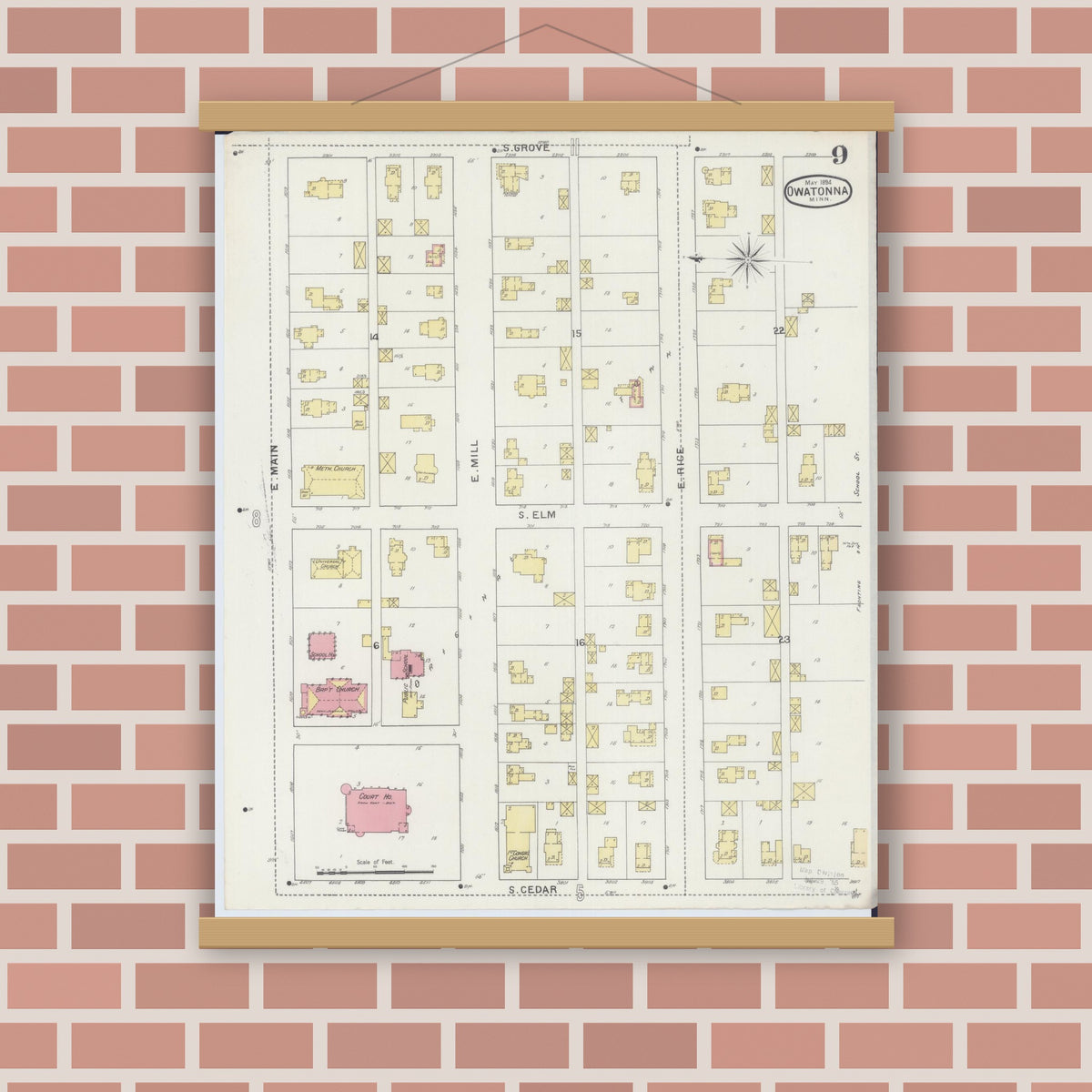 Old map wall art mockup — magnetic wood frame on brick wall — Sanborn Fire Insurance Map from Owatonna, Steele County, Minnesota (1894), Sheet #0009