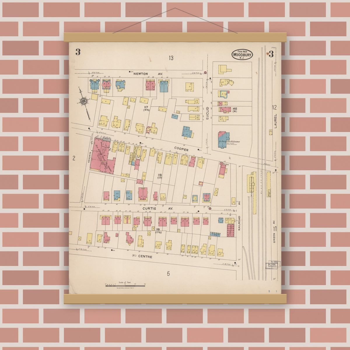 Old map wall art mockup — magnetic wood frame on brick wall — Sanborn Fire Insurance Map from Woodbury, Gloucester County, New Jersey (1923), Sheet #0003