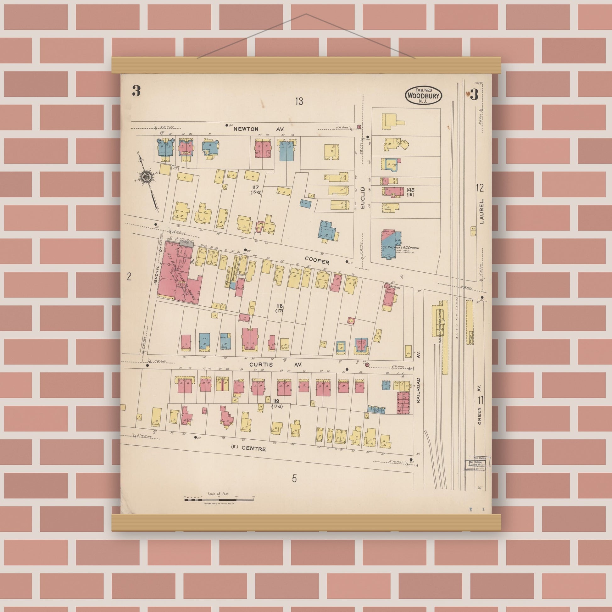 Old map wall art mockup — magnetic wood frame on brick wall — Sanborn Fire Insurance Map from Woodbury, Gloucester County, New Jersey (1923), Sheet #0003