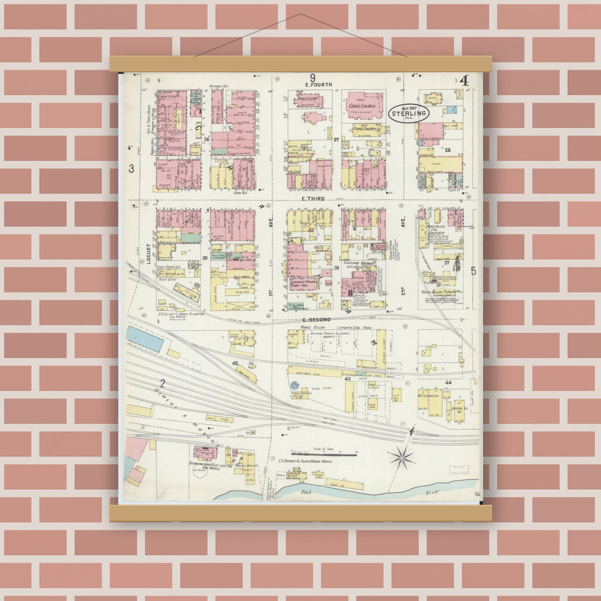 Old map wall art mockup — magnetic wood frame on brick wall — Sanborn Fire Insurance Map from Sterling, Whiteside County, Illinois (1897), Sheet #0004