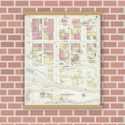 Old map wall art mockup — magnetic wood frame on brick wall — Sanborn Fire Insurance Map from Sterling, Whiteside County, Illinois (1897), Sheet #0004