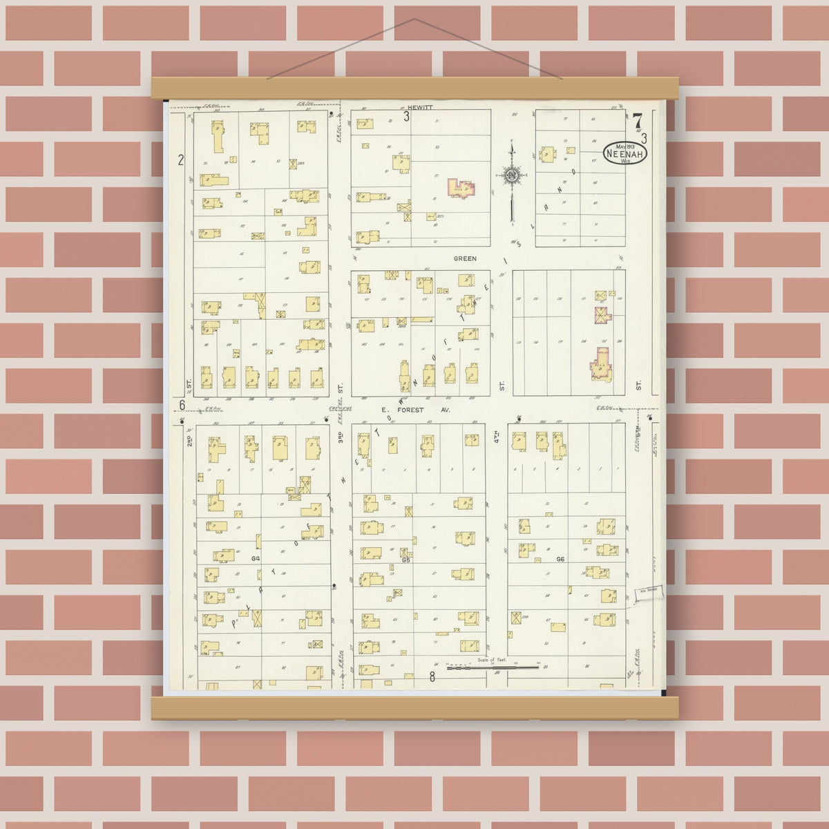 Old map wall art mockup — magnetic wood frame on brick wall — Sanborn Fire Insurance Map from Neenah, Winnebago County, Wisconsin (1913), Sheet #0007