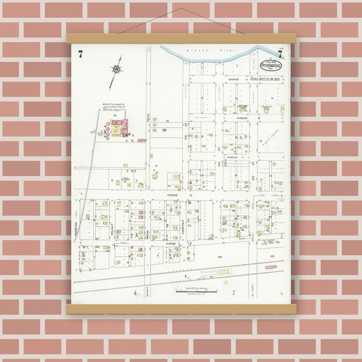Old map wall art mockup — magnetic wood frame on brick wall — Sanborn Fire Insurance Map from Rosenberg, Fort Bend County, Texas (1926), Sheet #0007