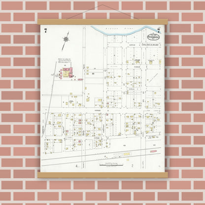 Old map wall art mockup — magnetic wood frame on brick wall — Sanborn Fire Insurance Map from Rosenberg, Fort Bend County, Texas (1926), Sheet #0007