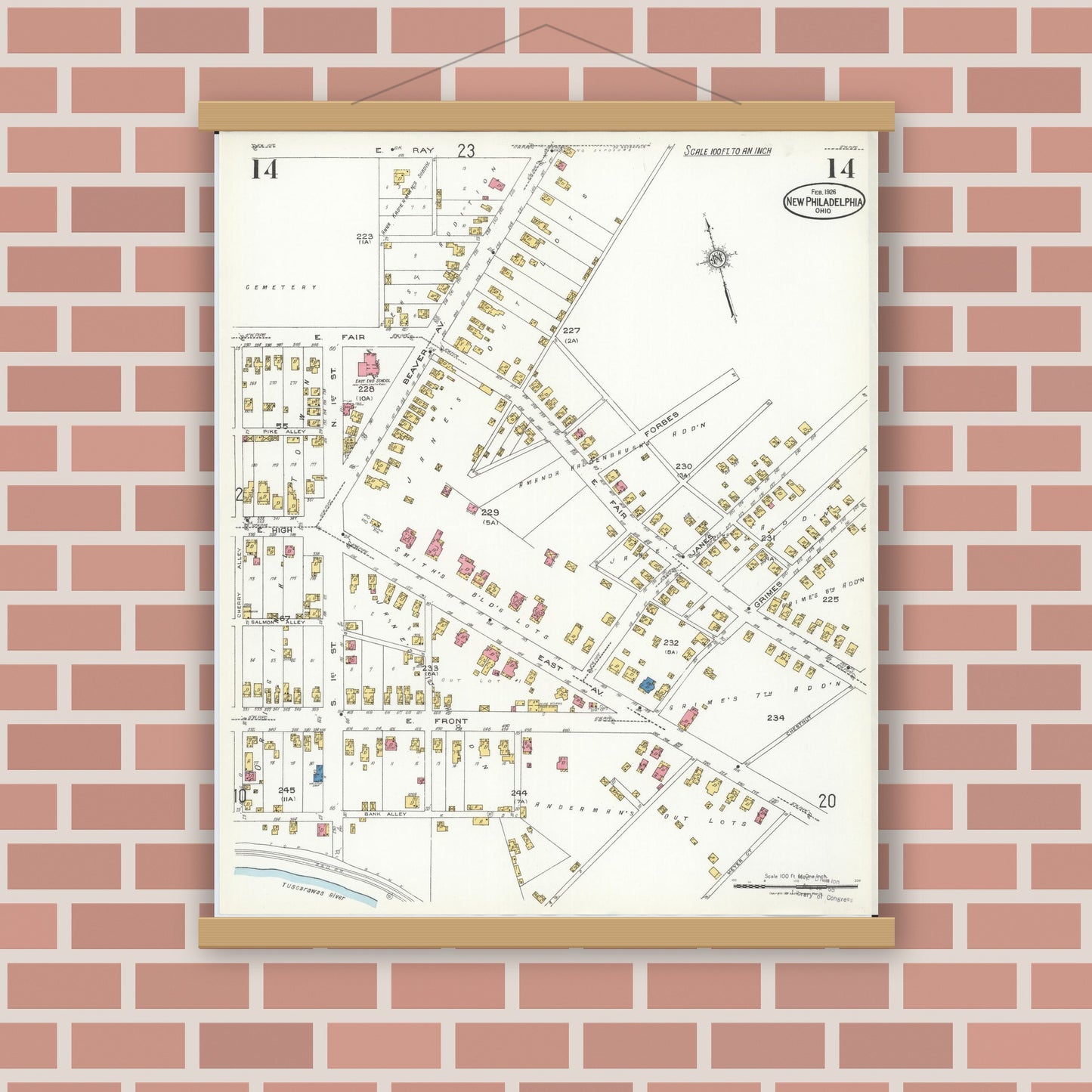 Old map wall art mockup — magnetic wood frame on brick wall — Sanborn Fire Insurance Map from New Philadelphia, Tuscarawas County, Ohio (1926), Sheet #0014