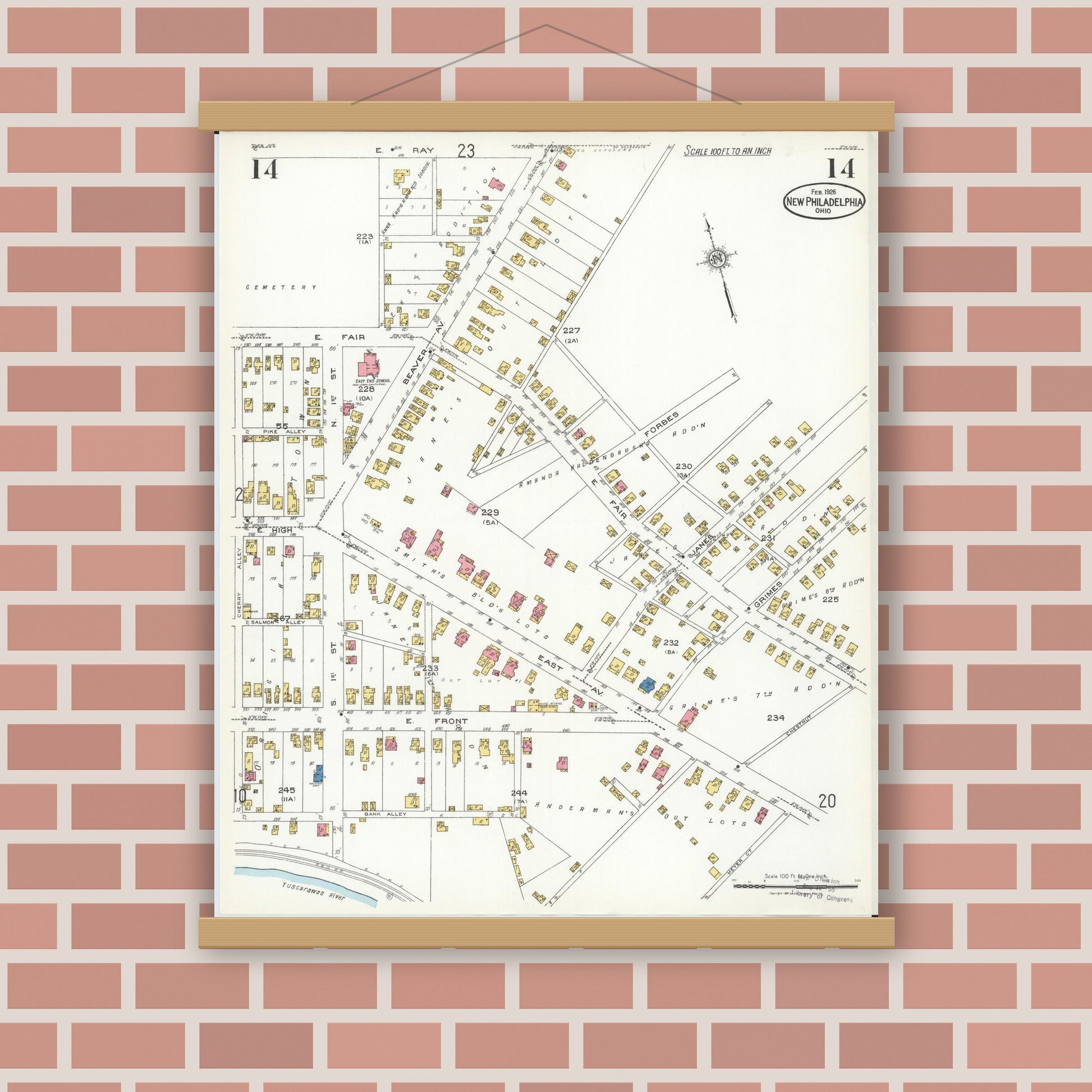 Old map wall art mockup — magnetic wood frame on brick wall — Sanborn Fire Insurance Map from New Philadelphia, Tuscarawas County, Ohio (1926), Sheet #0014