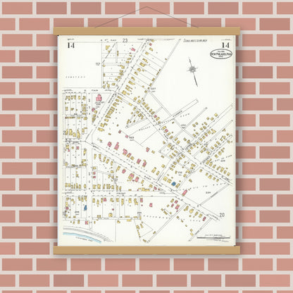 Old map wall art mockup — magnetic wood frame on brick wall — Sanborn Fire Insurance Map from New Philadelphia, Tuscarawas County, Ohio (1926), Sheet #0014