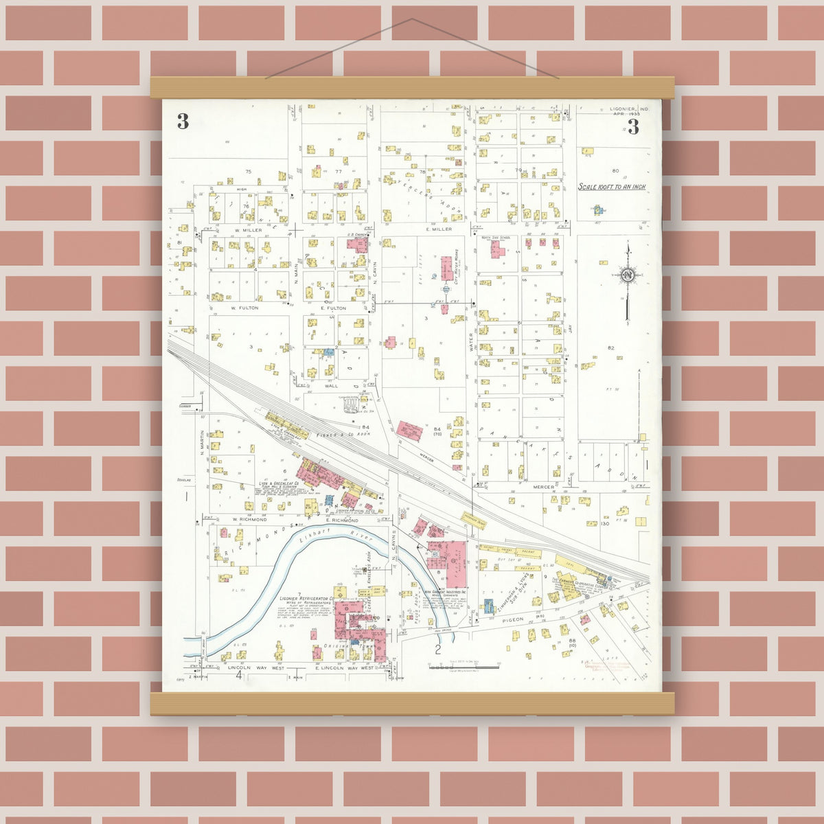 Old map wall art mockup — magnetic wood frame on brick wall — Sanborn Fire Insurance Map from Ligonier, Noble County, Indiana (1933), Sheet #0003