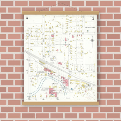 Old map wall art mockup — magnetic wood frame on brick wall — Sanborn Fire Insurance Map from Ligonier, Noble County, Indiana (1933), Sheet #0003