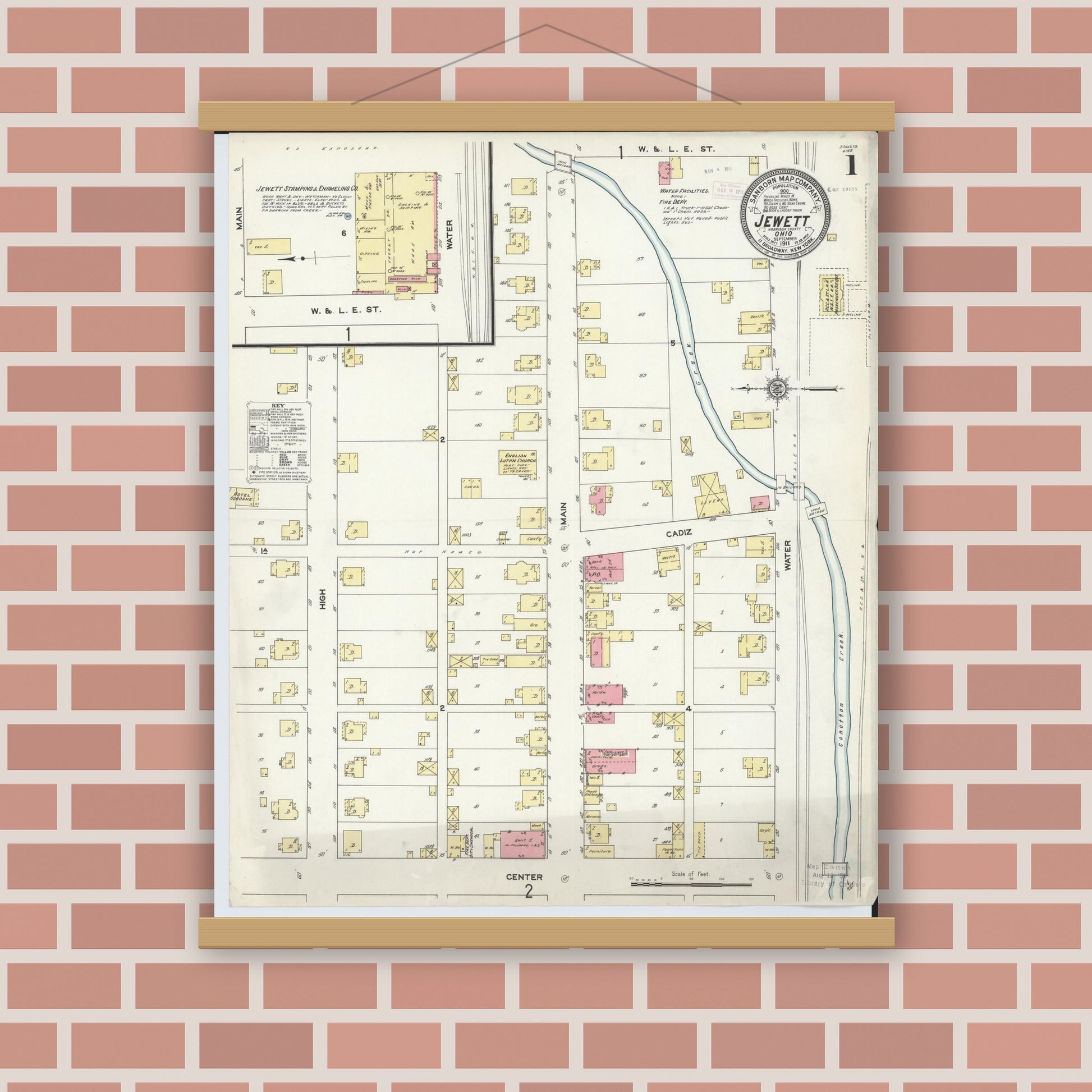 Old map wall art mockup — magnetic wood frame on brick wall — Sanborn Fire Insurance Map from Jewett, Harrison County, Ohio (1911) - Complete Map Set