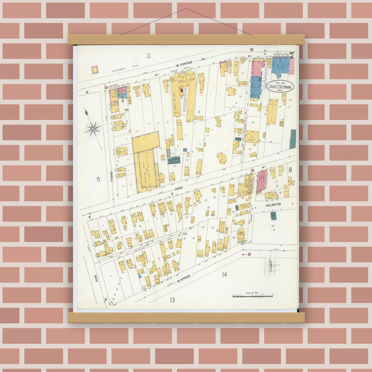 Old map wall art mockup — magnetic wood frame on brick wall — Sanborn Fire Insurance Map from Sault Sainte Marie, Chippewa County, Michigan (1906), Sheet #0007